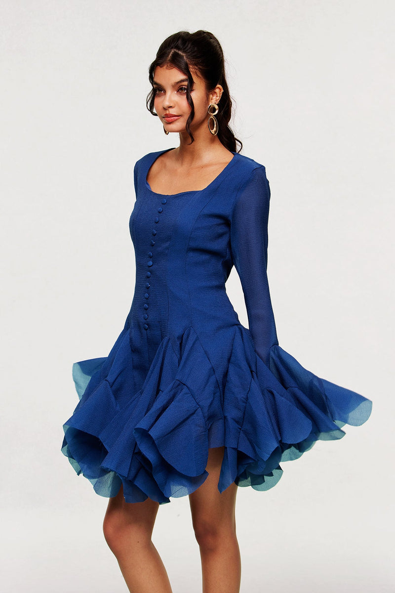 Mccarthy Mesh Ruffle Mini Dress in Deep Blue