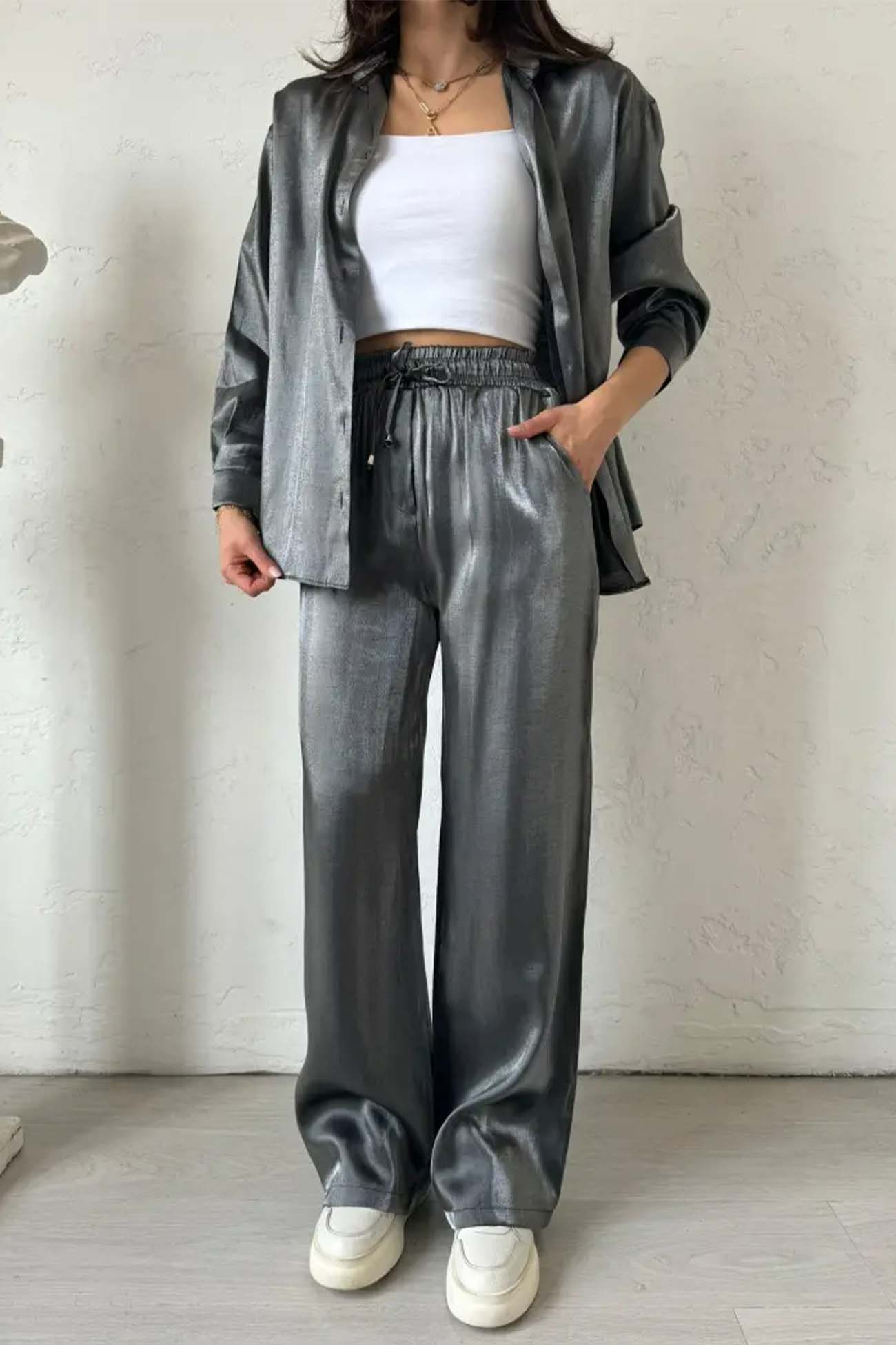 Metallic Shiny Button Down Shirt Long Pant Set