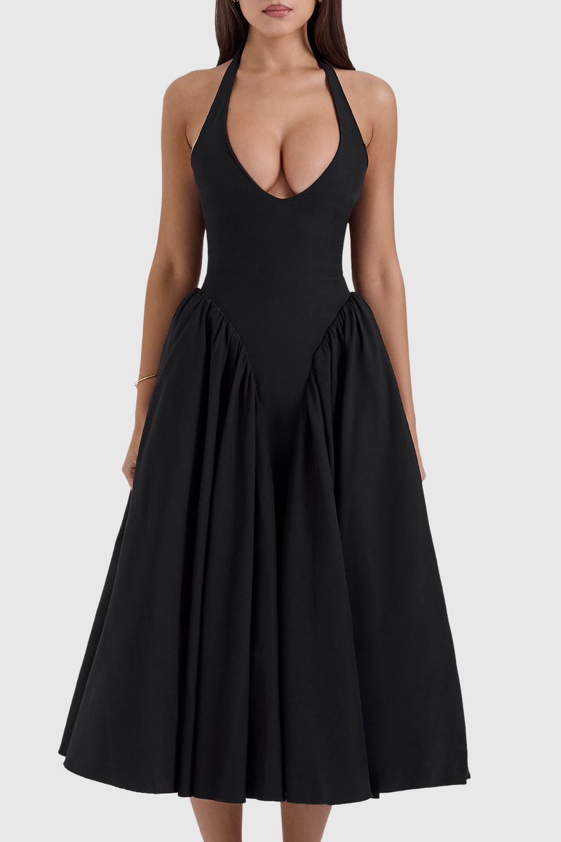 Ebrill Halter V-neck Ruched Midi Dress - Black