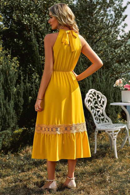 High Collar Sleeveless Lace Hem Midi Dress