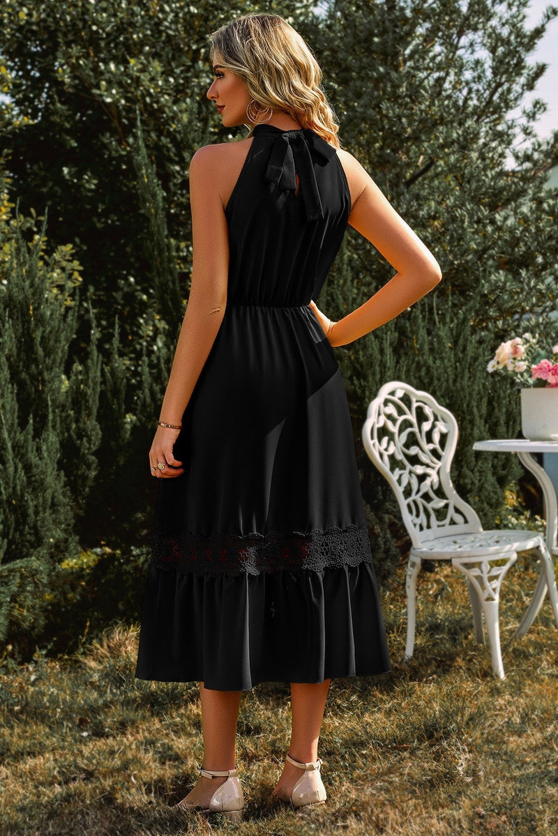High Collar Sleeveless Lace Hem Midi Dress