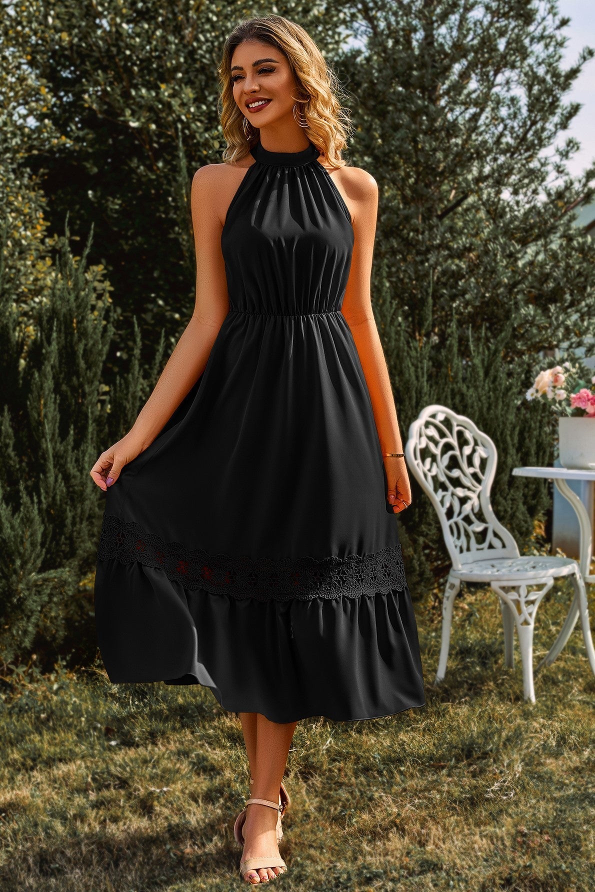 High Collar Sleeveless Lace Hem Midi Dress