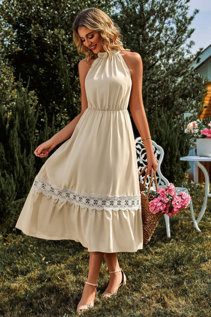 High Collar Sleeveless Lace Hem Midi Dress