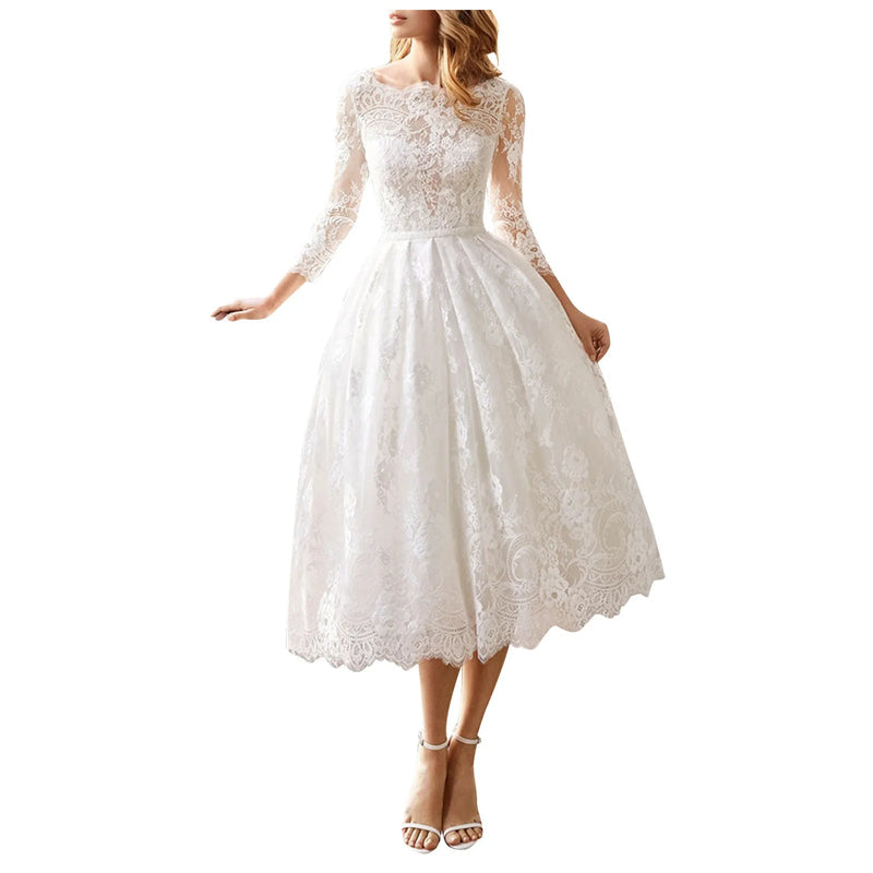 Dressbetty - Long Sleeved Backless Slim Fitting White Lace Midi Dress