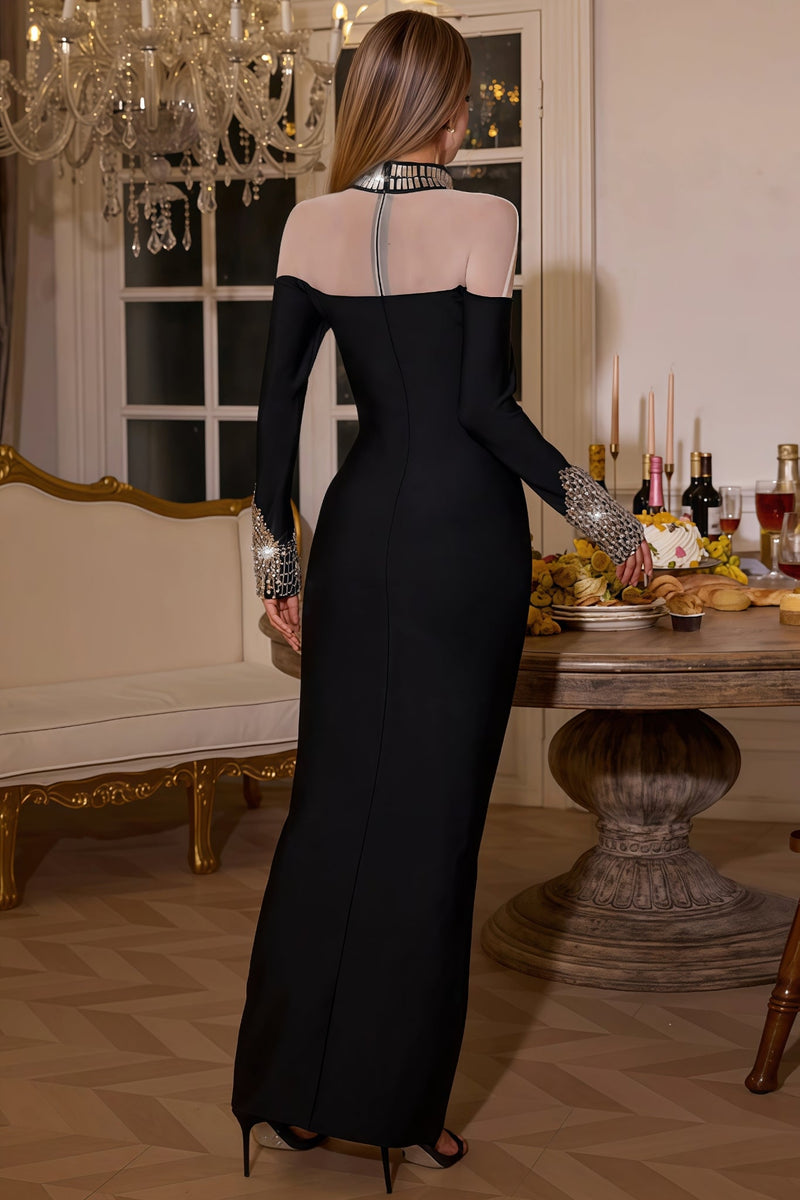 Urythos Long Sleeve Rhinestone Bandage Maxi Dress