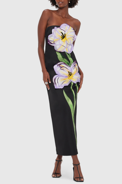 Mimoza Appliqué Strapless Midi Dress - Black
