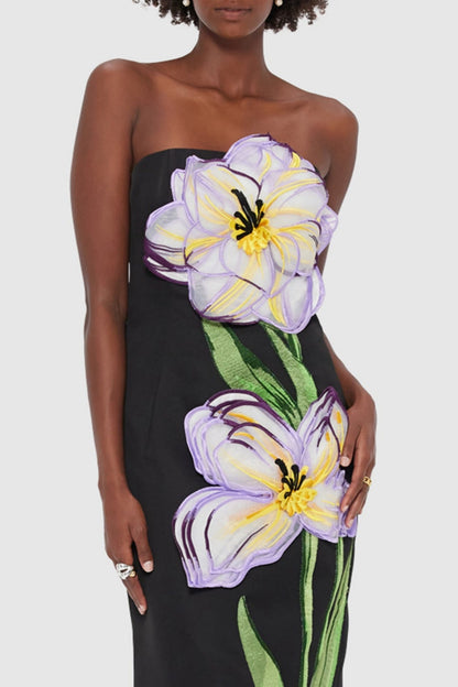Mimoza Appliqué Strapless Midi Dress - Black