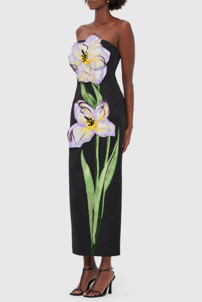 Mimoza Appliqué Strapless Midi Dress - Black