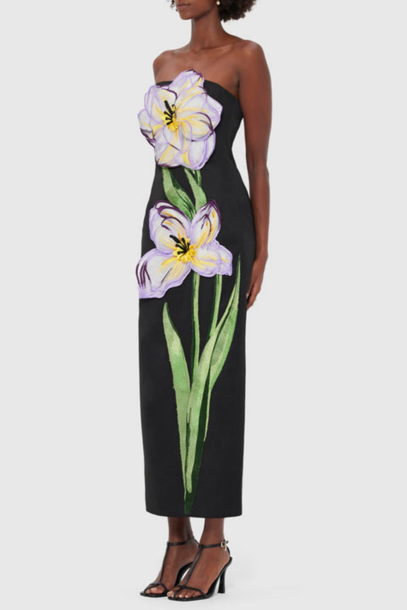 Mimoza Appliqué Strapless Midi Dress - Black