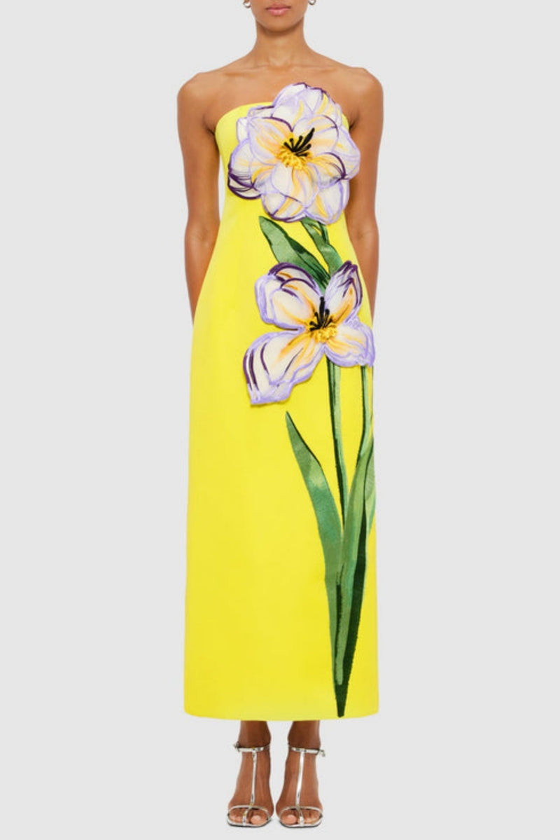 Mimoza Appliqué Strapless Midi Dress - Yellow
