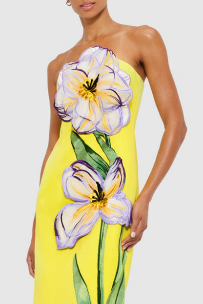 Mimoza Appliqué Strapless Midi Dress - Yellow