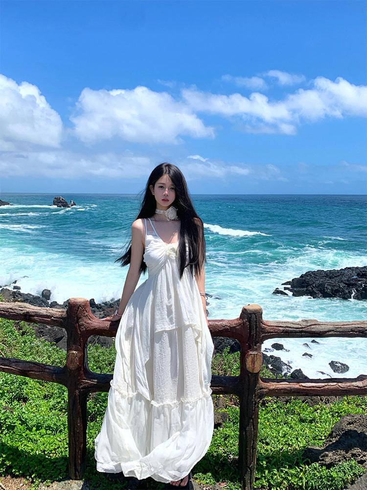 Minimalist White Spaghetti Strap Maxi Dress _ Island Getaway Look