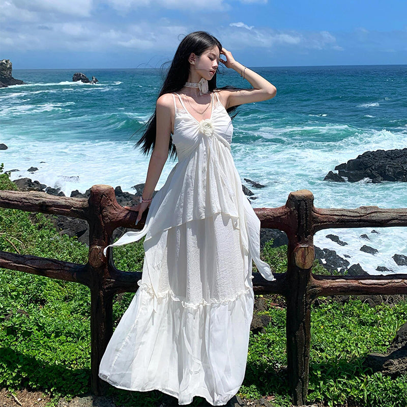 Minimalist White Spaghetti Strap Maxi Dress _ Island Getaway Look