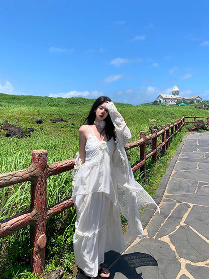 Minimalist White Spaghetti Strap Maxi Dress _ Island Getaway Look