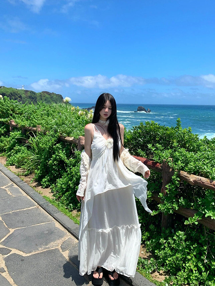 Minimalist White Spaghetti Strap Maxi Dress _ Island Getaway Look