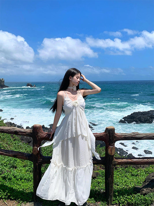 Minimalist White Spaghetti Strap Maxi Dress _ Island Getaway Look