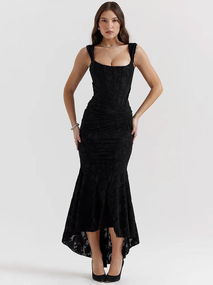 Backless Pleated Maxi Dress for Off-shoulder Spaghetti Strap Sleeveless Bodycon Club Party Dress