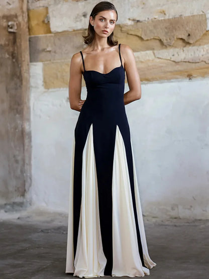 Patchwork Spaghetti Strap Long Dress for Sleeveless Backless Evening Maxi Dress