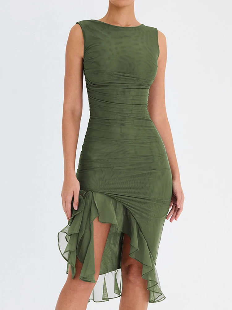 Ruffle Ruched Midi Dress for Robe Summer New Backless Sleeveless Irregular Club Party Dress Vestido