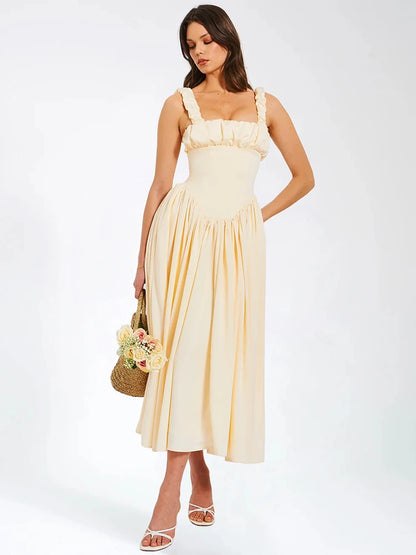 Satin Backless Midi Dress for Sundress Square Collar Sleeveless Loose Pleated Dress