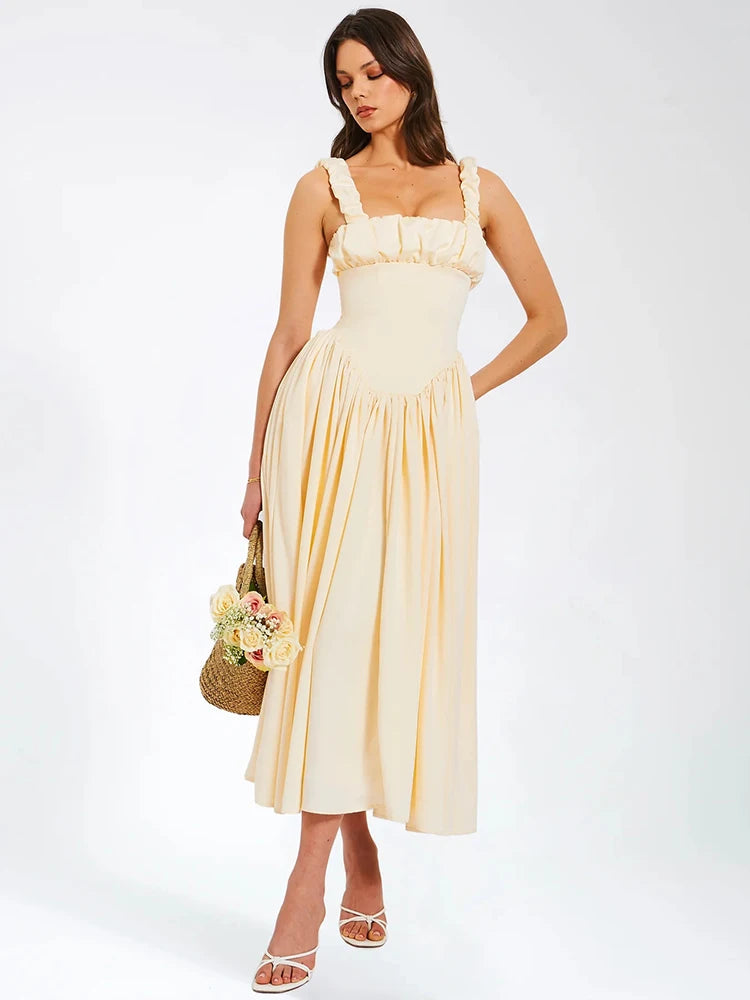 Satin Backless Midi Dress for Sundress Square Collar Sleeveless Loose Pleated Dress