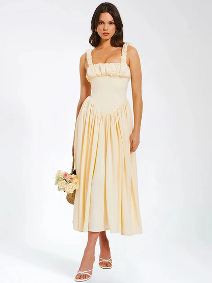 Satin Backless Midi Dress for Sundress Square Collar Sleeveless Loose Pleated Dress