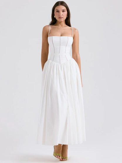 White Sundress Spaghetti Strap Backless Midi Dress for Sleeveless A-line Loose Long Dress New