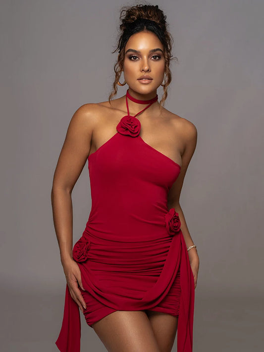 Halter Flower Mini Dress for Strapless Backless Irregular Dress Femme Ruched Skinny Club Party Dress