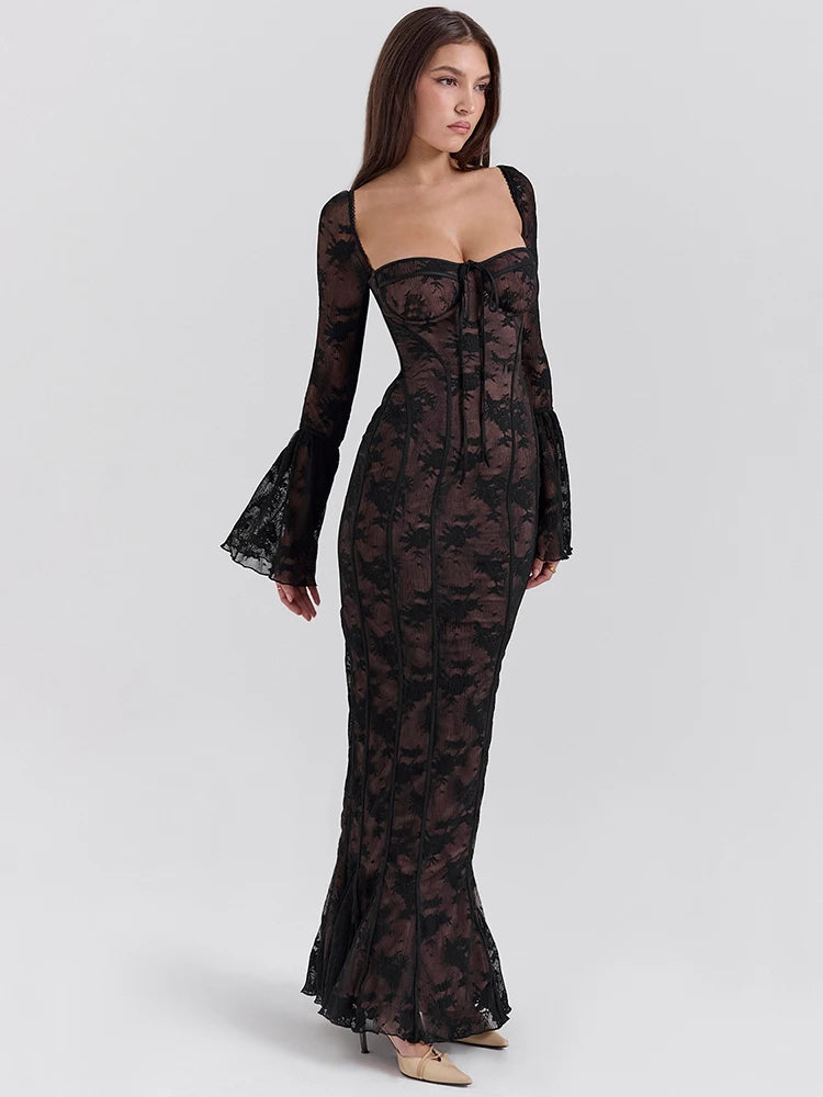 Lace Print Long Flare Sleeve Maxi Dress for Square Collar Backless Bodycon Club Party Dress