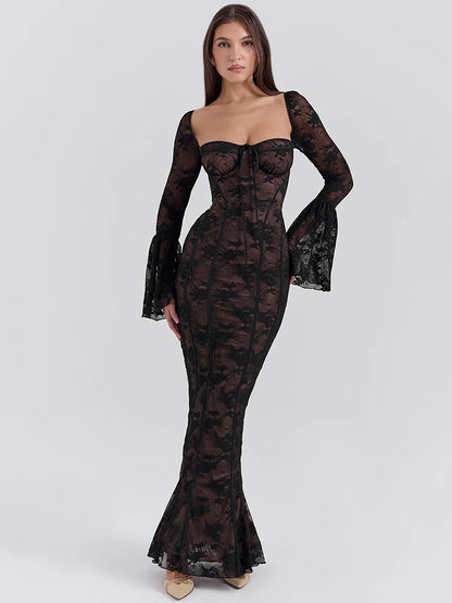 Lace Print Long Flare Sleeve Maxi Dress for Square Collar Backless Bodycon Club Party Dress