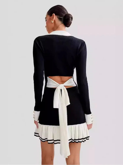 Long Sleeve Ruffled Knit Mini Dress for Autumn New V Neck Pearl Single-breasted Bow Bandage Knitted Dress