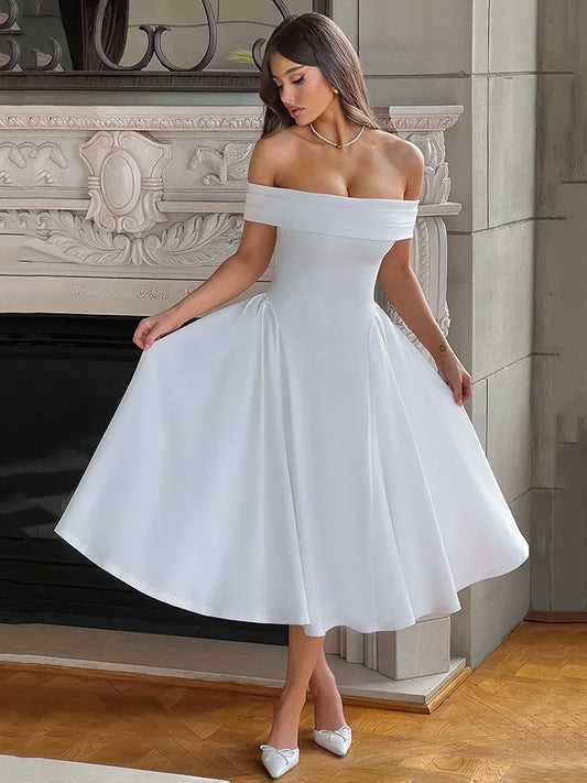 Off-shoulder Backless Midi Dress for Strapless Sleeveless A-line Loose Pleated Long Dress