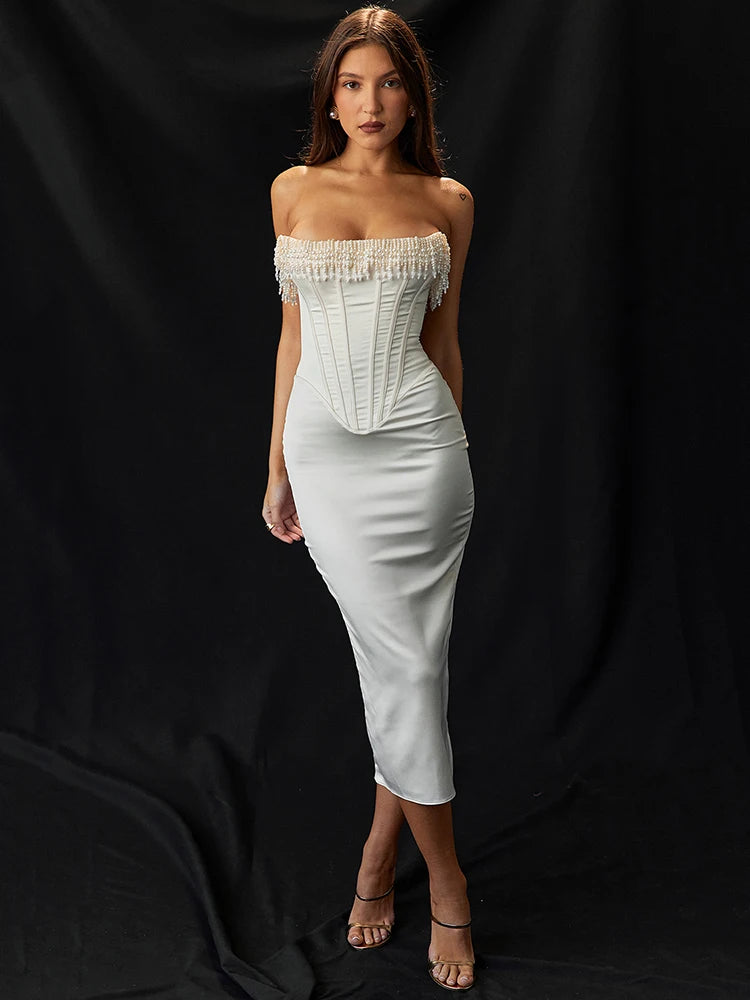 Pearl Tassel Midi Dress for Party Outfits Off-shoulder Strapless Backless Bodycon Club Dress