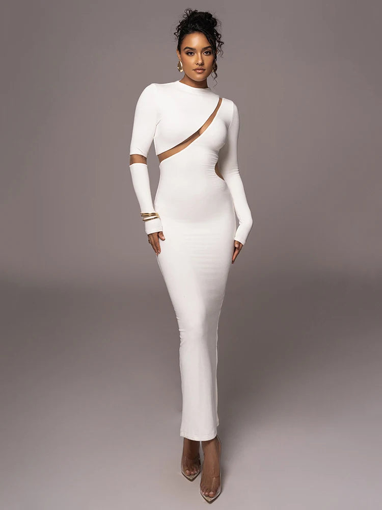 Turtleneck Long Sleeve Bodycon Maxi Dress for Autumn New Patchwork Hollow Out Club Party Long Dress Vestidos