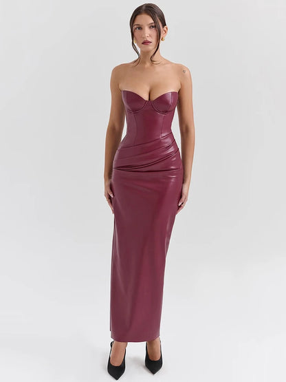 Wine Red Strapless Pu Leather Maxi Dress Off-shoulder Backless Lace-up Bodycon Club Party Long Dress