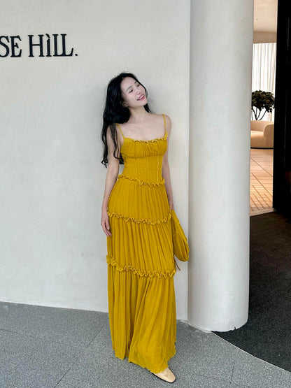 Mustard Yellow Ruched Ruffle Maxi Dress _ & Bright Summer Statement