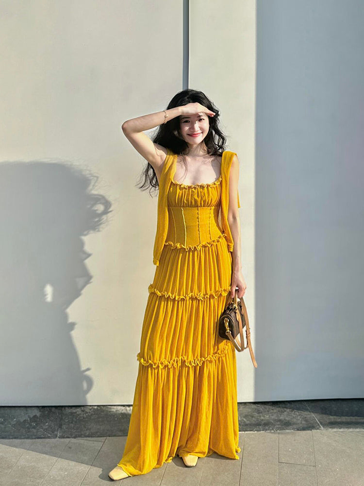 Mustard Yellow Ruched Ruffle Maxi Dress _ & Bright Summer Statement