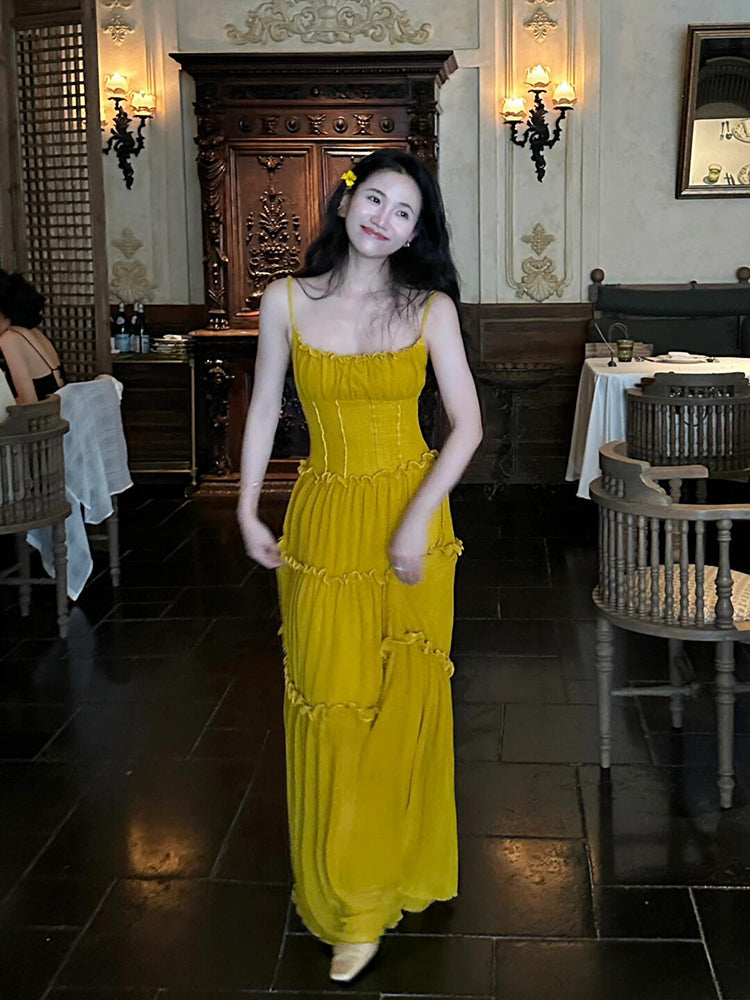 Mustard Yellow Ruched Ruffle Maxi Dress _ & Bright Summer Statement