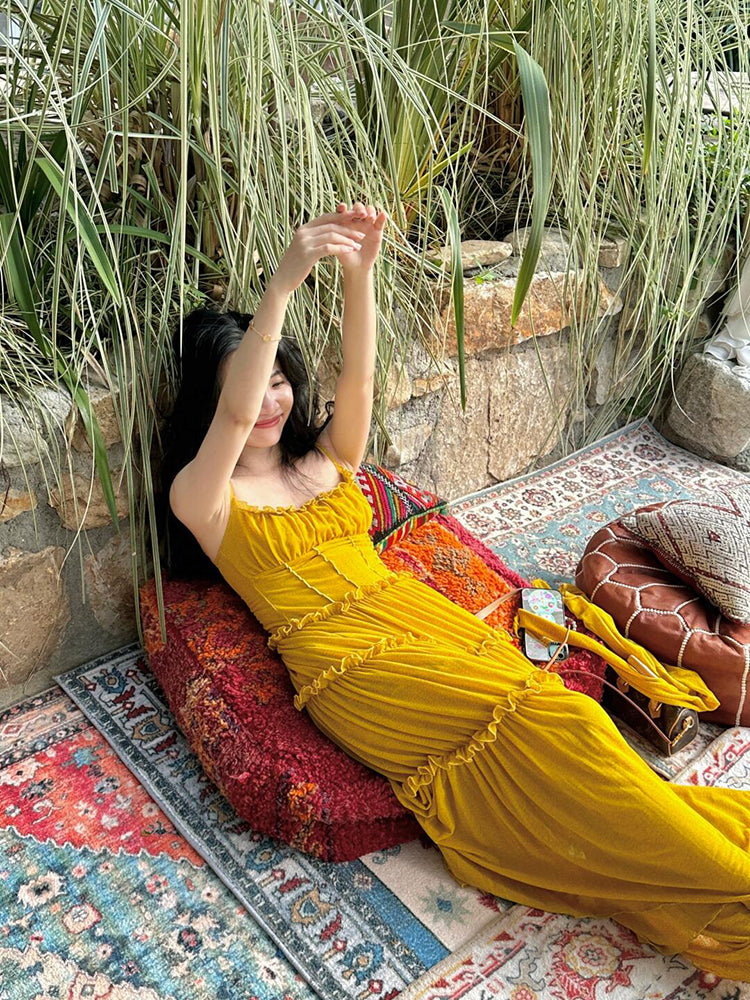 Mustard Yellow Ruched Ruffle Maxi Dress _ & Bright Summer Statement