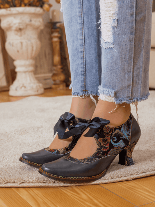Soffia | Lace Bow Navy Leather Mary Jane Pump