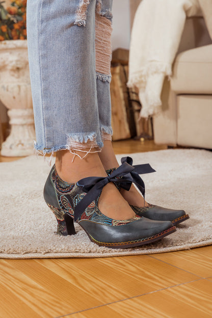 Soffia | Lace Bow Navy Leather Mary Jane Pump