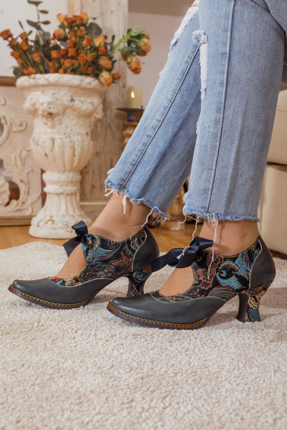 Soffia | Lace Bow Navy Leather Mary Jane Pump