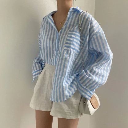 Single-breasted Striped Lapel Collar Blouse