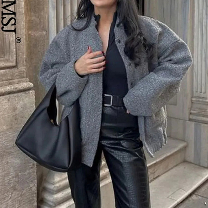 New Pockets Grey Front Zipper Cropped Lapel Coat