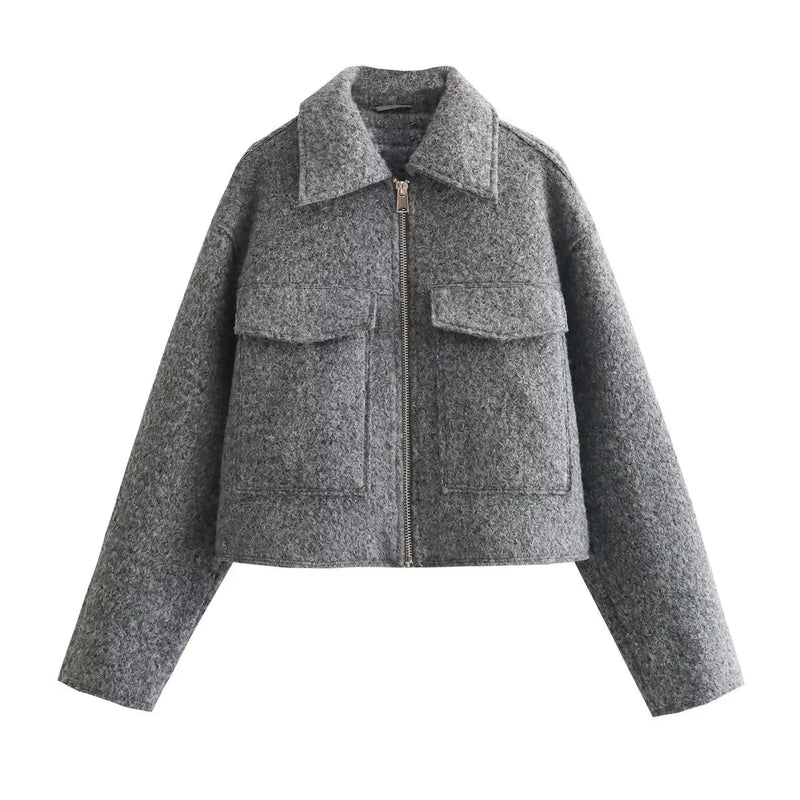 New Pockets Grey Front Zipper Cropped Lapel Coat