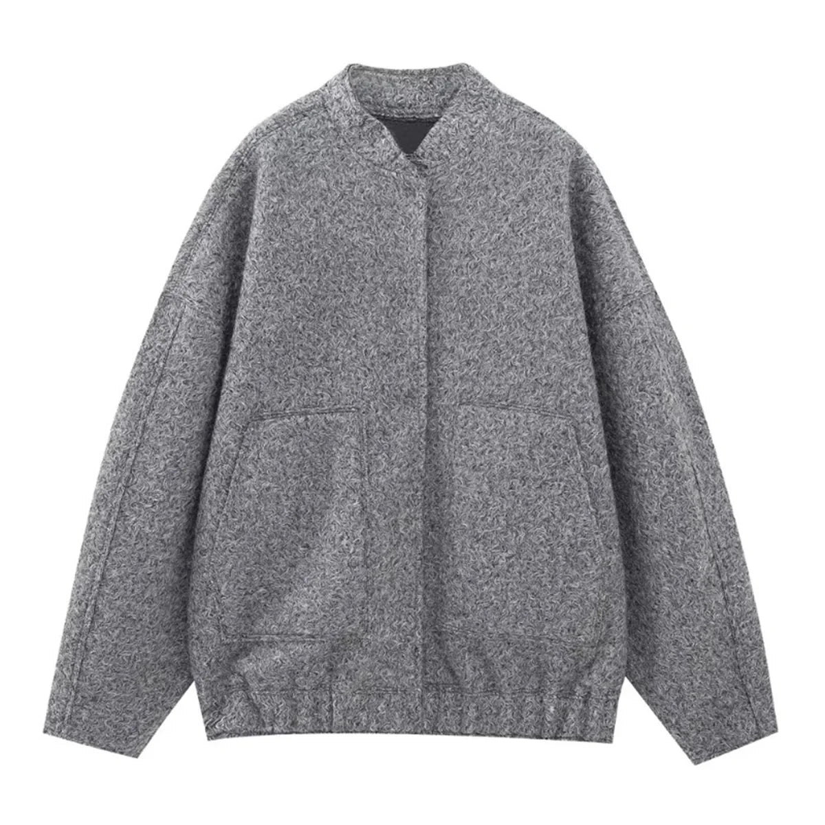 New Pockets Grey Front Zipper Cropped Lapel Coat