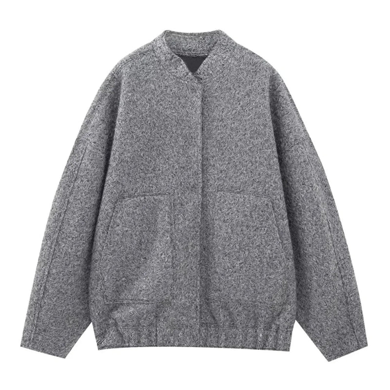 New Pockets Grey Front Zipper Cropped Lapel Coat