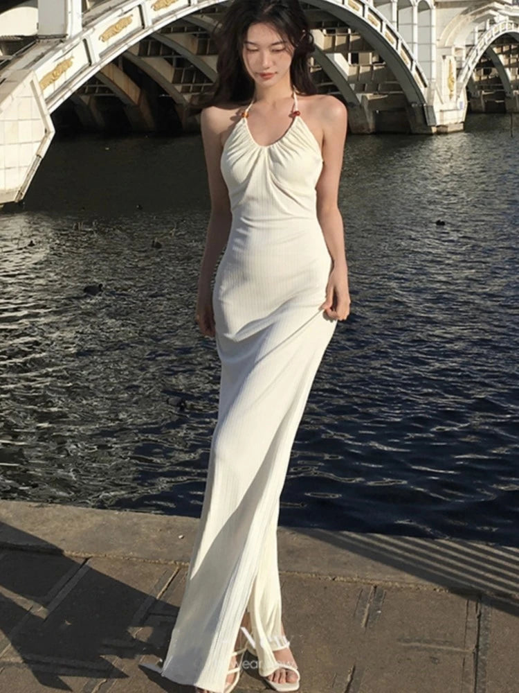 New Chinese Style Knitting Halter Long Dresses for Backless High Split Lace-up Summer Party Dress Prom Robe Vestidos