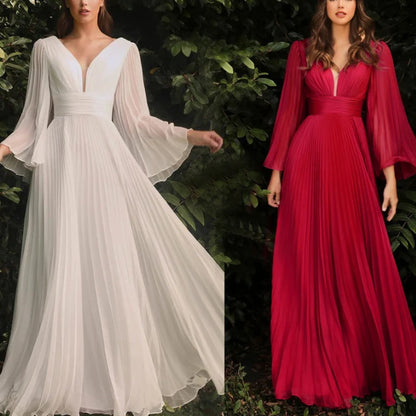 New Deep V-neck Bell Sleeves Backless Evening Dress Slim Long-sleeved Dress Long Dresses for
