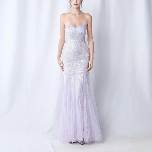 New High Waist Slim Fishtail Party Long Dresses Woman Tube Top Sleeveless Backless Sequined Evening Dress
